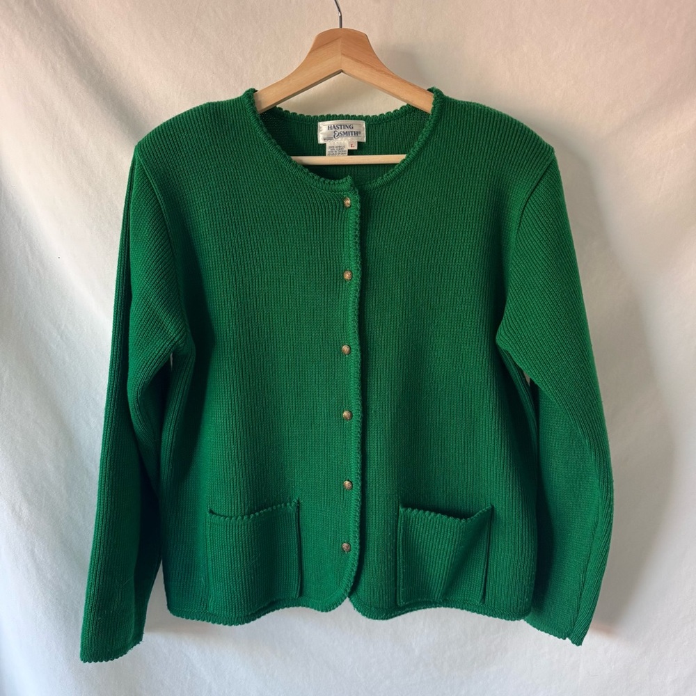 Vintage 90s Green Cardigan Sweater Shoulder Pads Button Front L - Picture 2 of 13